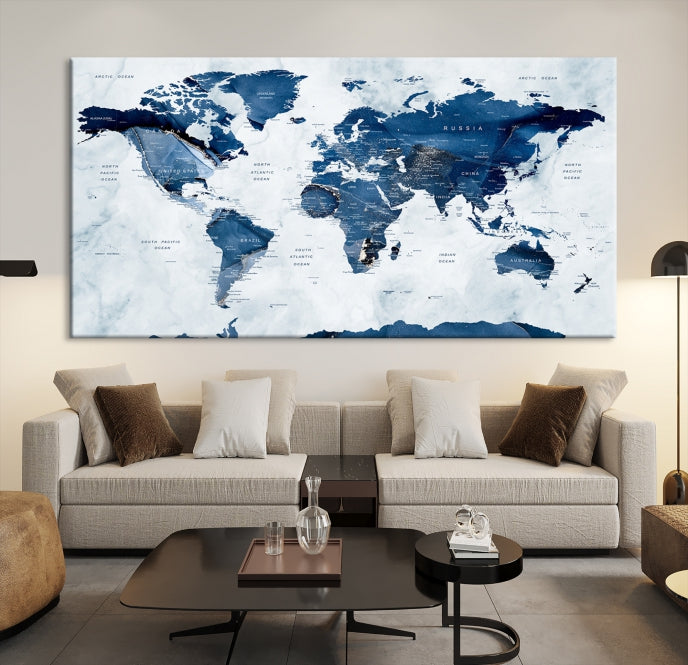 Navy Blue World Map Antarctica Wall Art Canvas Print