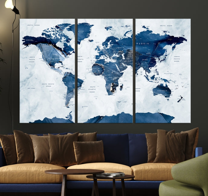 Navy Blue World Map Antarctica Wall Art Canvas Print