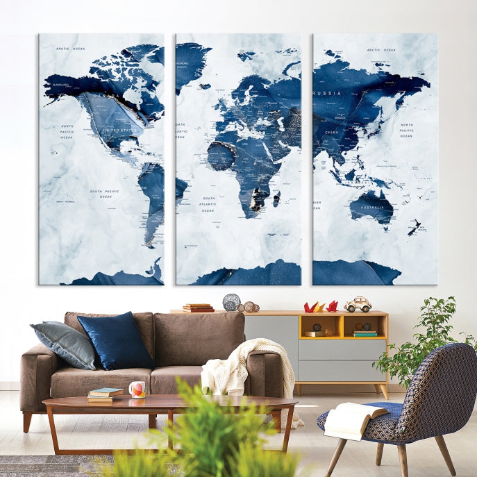 Navy Blue World Map Antarctica Wall Art Canvas Print