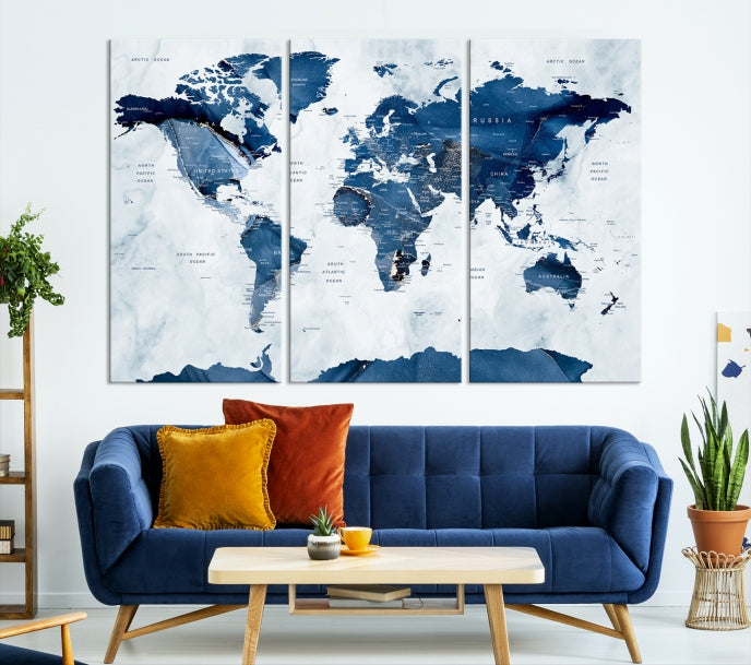 Navy Blue World Map Antarctica Wall Art Canvas Print