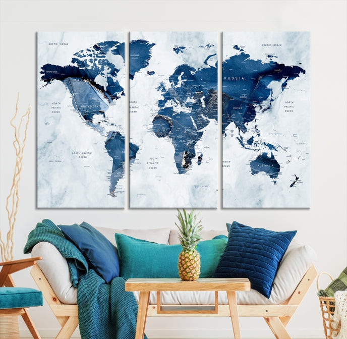 Navy Blue World Map Wall Art Framed Modern Canvas Print