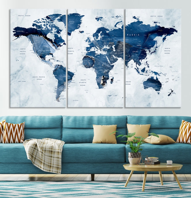 Navy Blue World Map Wall Art Framed Modern Canvas Print