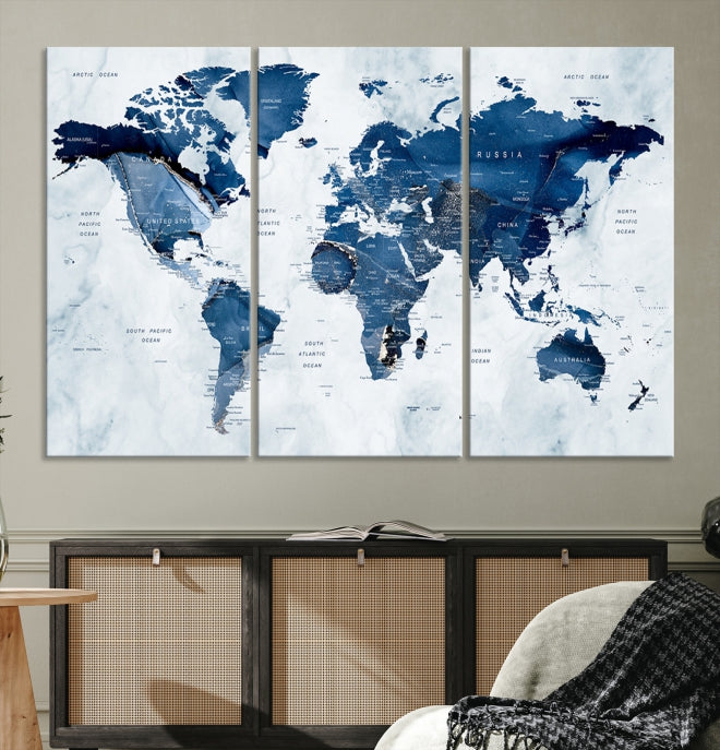 Navy Blue World Map Wall Art Framed Modern Canvas Print