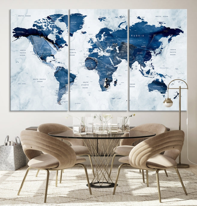 Navy Blue World Map Wall Art Framed Modern Canvas Print