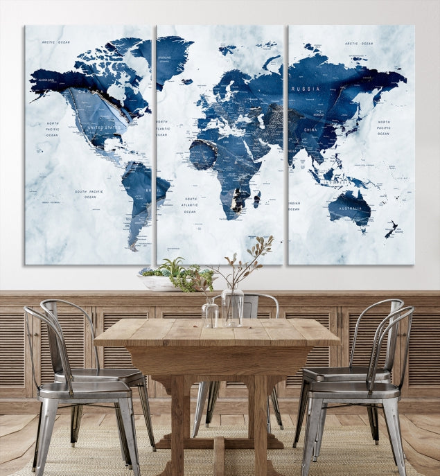 Navy Blue World Map Wall Art Framed Modern Canvas Print