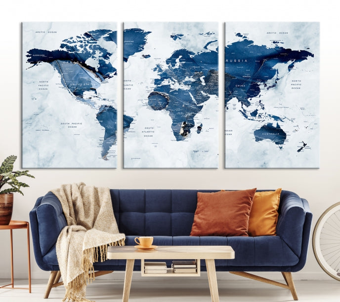 Navy Blue World Map Wall Art Framed Modern Canvas Print