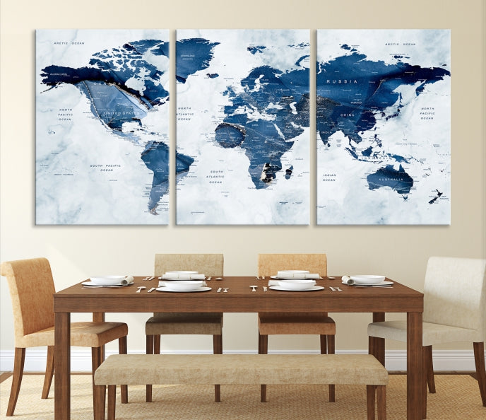 Navy Blue World Map Wall Art Framed Modern Canvas Print