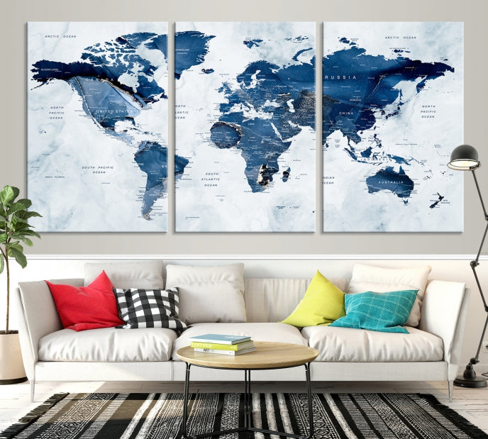 Navy Blue World Map Wall Art Framed Modern Canvas Print