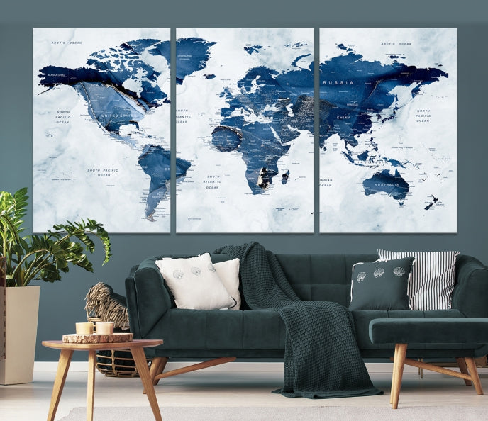 Navy Blue World Map Wall Art Framed Modern Canvas Print