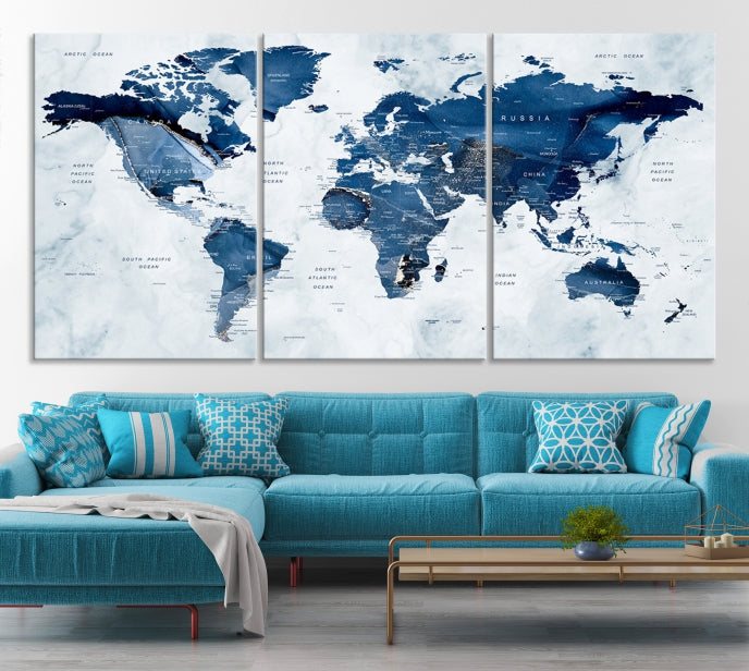 Navy Blue World Map Wall Art Framed Modern Canvas Print