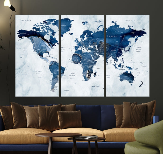 Navy Blue World Map Wall Art Framed Modern Canvas Print