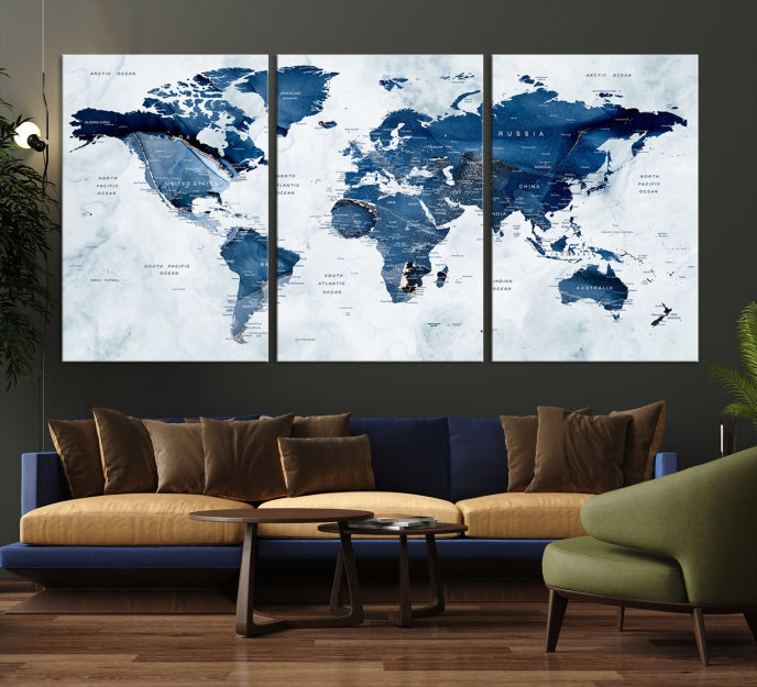 Navy Blue World Map Wall Art Framed Modern Canvas Print