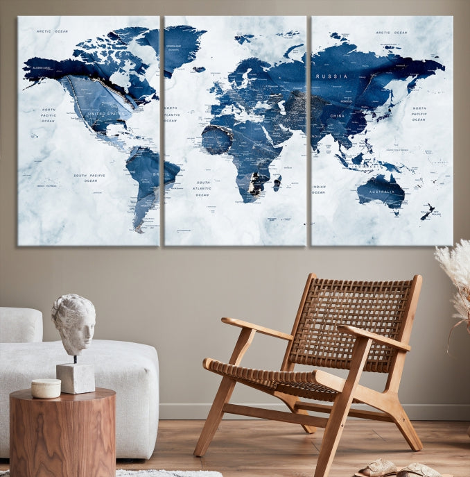 Navy Blue World Map Wall Art Framed Modern Canvas Print