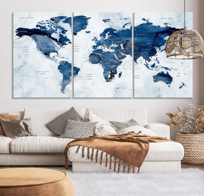 Navy Blue World Map Wall Art Framed Modern Canvas Print