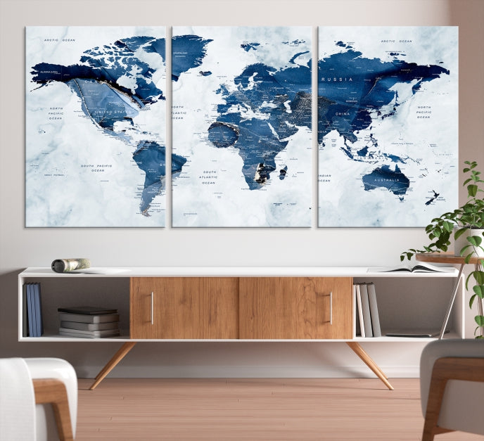 Navy Blue World Map Wall Art Framed Modern Canvas Print