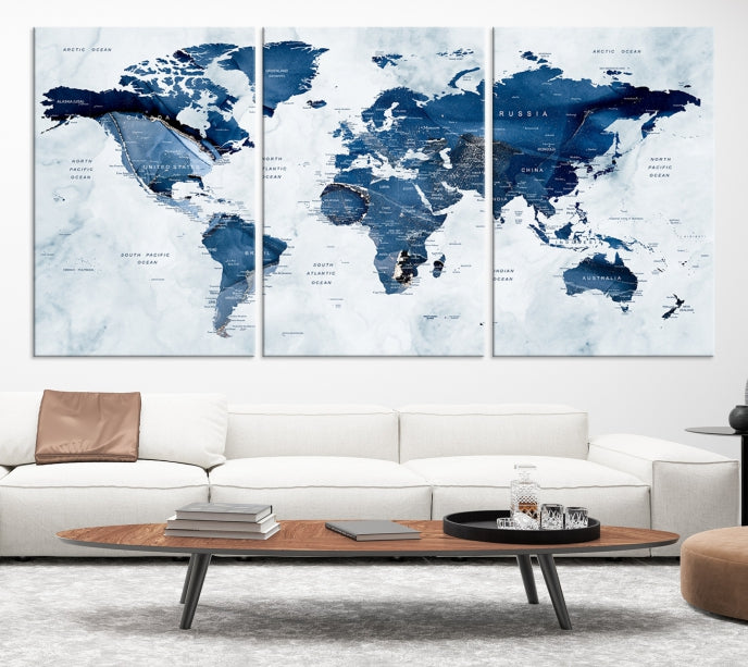 Navy Blue World Map Wall Art Framed Modern Canvas Print