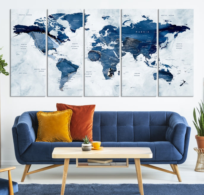 Navy Blue World Map Wall Art Framed Modern Canvas Print