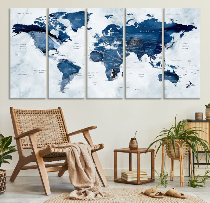 Navy Blue World Map Wall Art Framed Modern Canvas Print