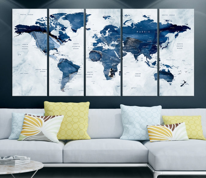 Navy Blue World Map Wall Art Framed Modern Canvas Print