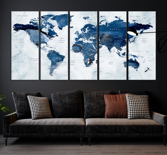 Navy Blue World Map Wall Art Framed Modern Canvas Print