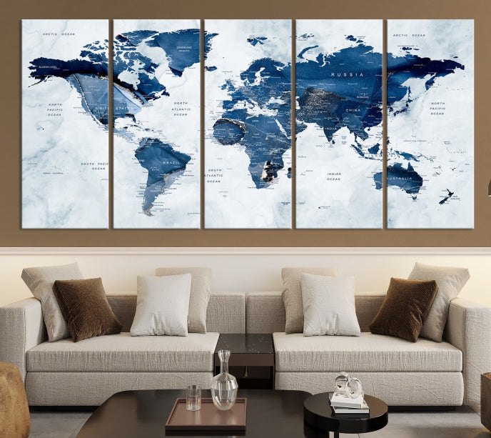 Navy Blue World Map Wall Art Framed Modern Canvas Print