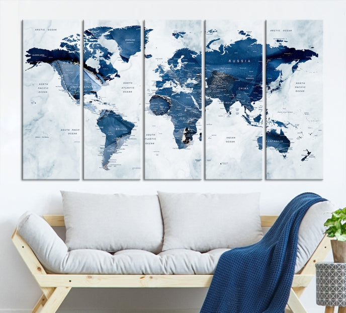 Navy Blue World Map Wall Art Framed Modern Canvas Print