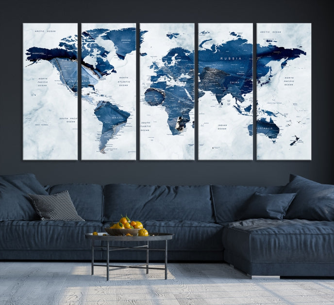 Navy Blue World Map Wall Art Framed Modern Canvas Print