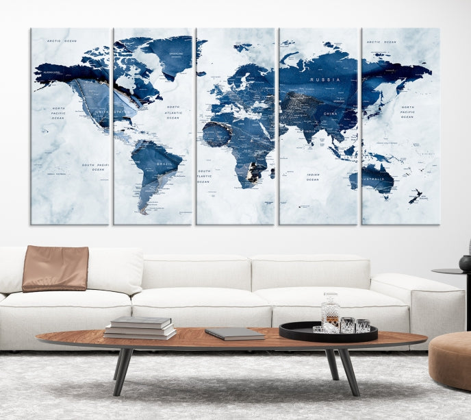 Navy Blue World Map Wall Art Framed Modern Canvas Print