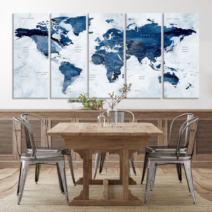 Navy Blue World Map Wall Art Framed Modern Canvas Print