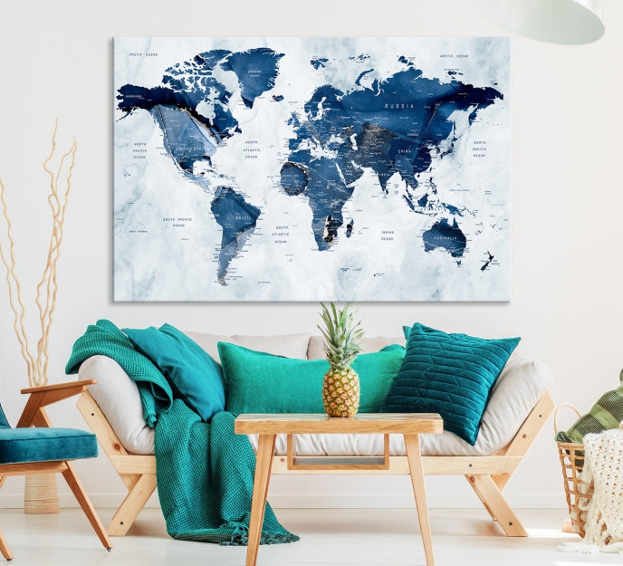 Navy Blue World Map Wall Art Framed Modern Canvas Print