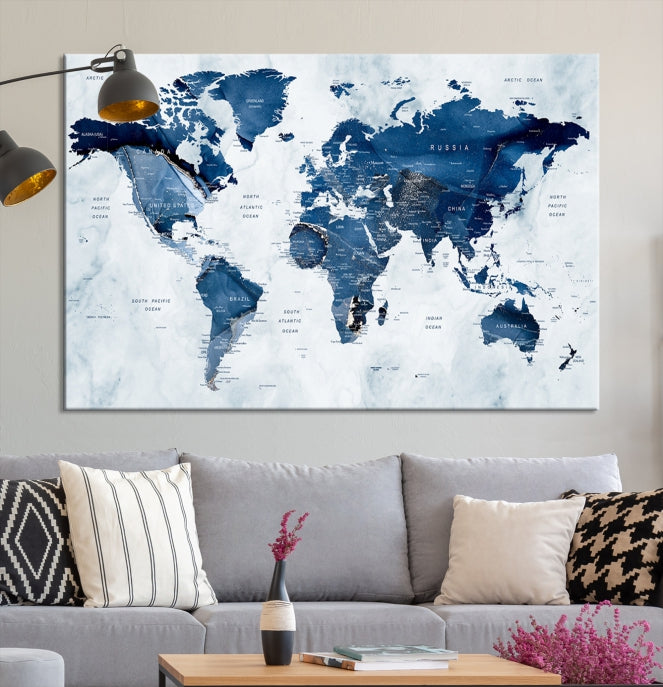 Navy Blue World Map Wall Art Framed Modern Canvas Print