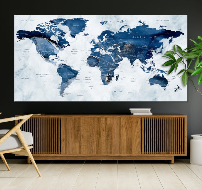 Navy Blue World Map Wall Art Framed Modern Canvas Print