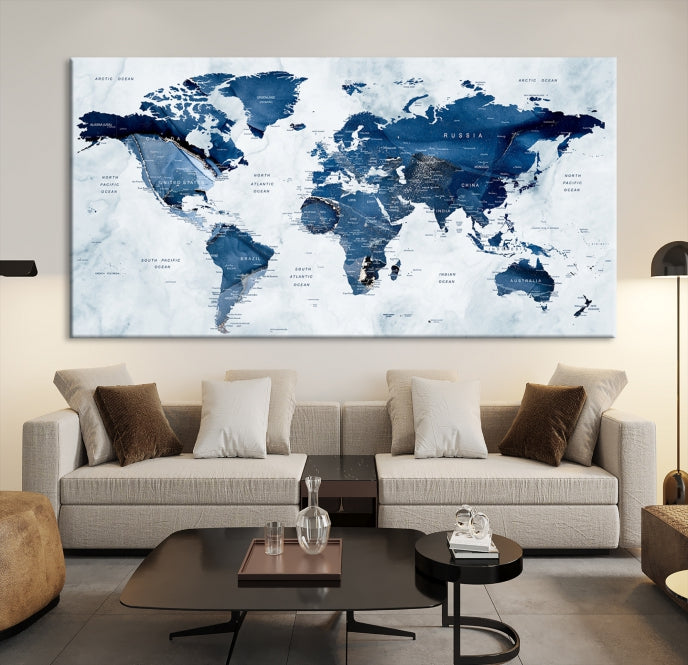 Navy Blue World Map Wall Art Framed Modern Canvas Print