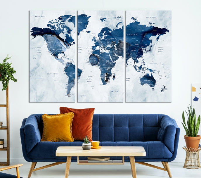 Navy Blue World Map Wall Art Framed Modern Canvas Print