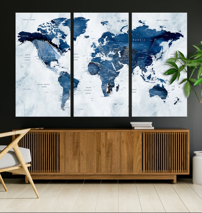 Navy Blue World Map Wall Art Framed Modern Canvas Print