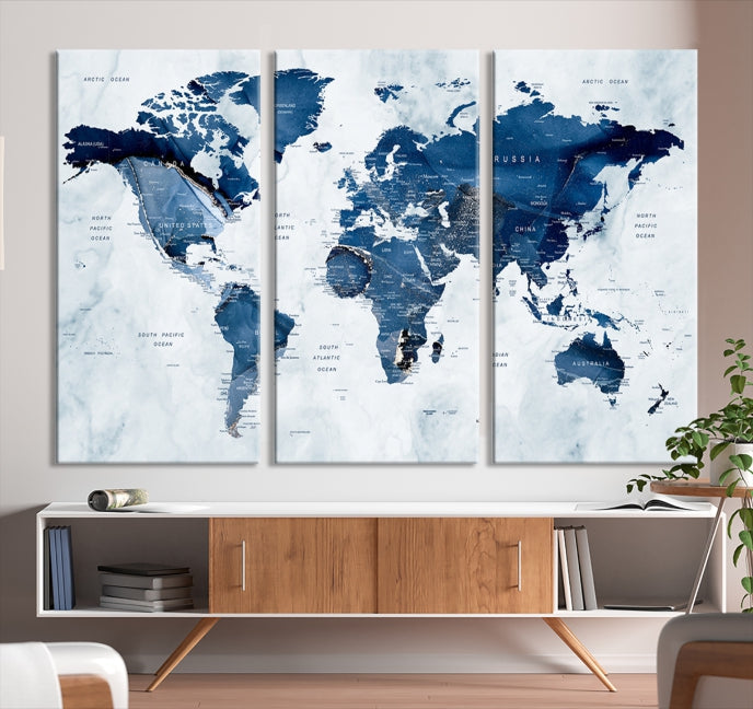 Navy Blue World Map Wall Art Framed Modern Canvas Print