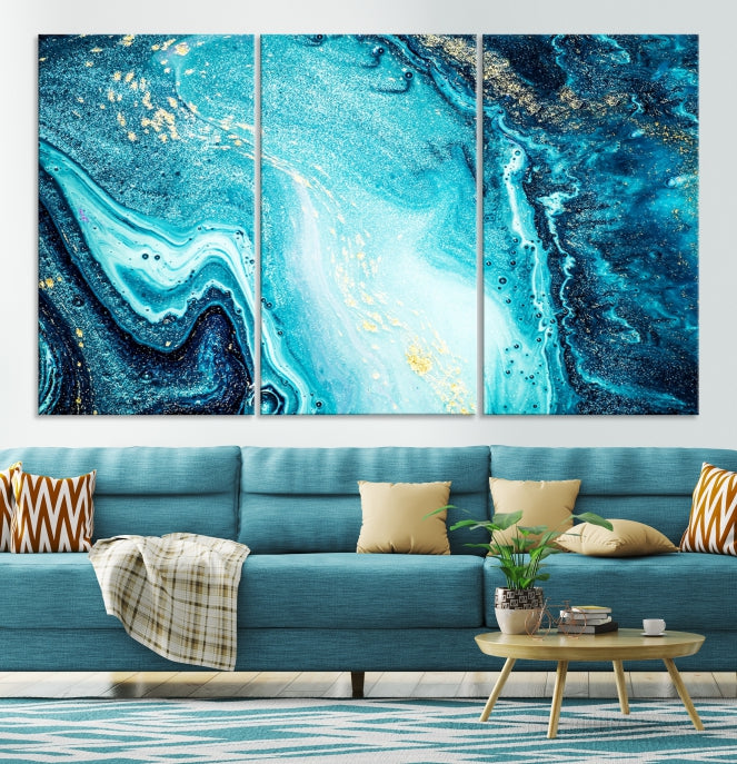 Neon Blue and Gold Marble Modern Abstract Canvas Wall Art Print