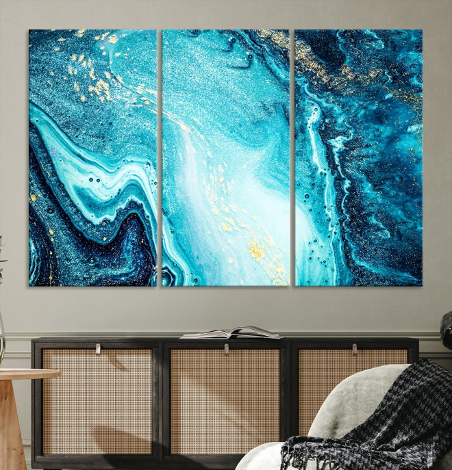 Neon Blue and Gold Marble Modern Abstract Canvas Wall Art Print