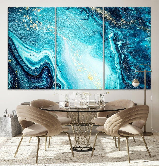 Neon Blue and Gold Marble Modern Abstract Canvas Wall Art Print