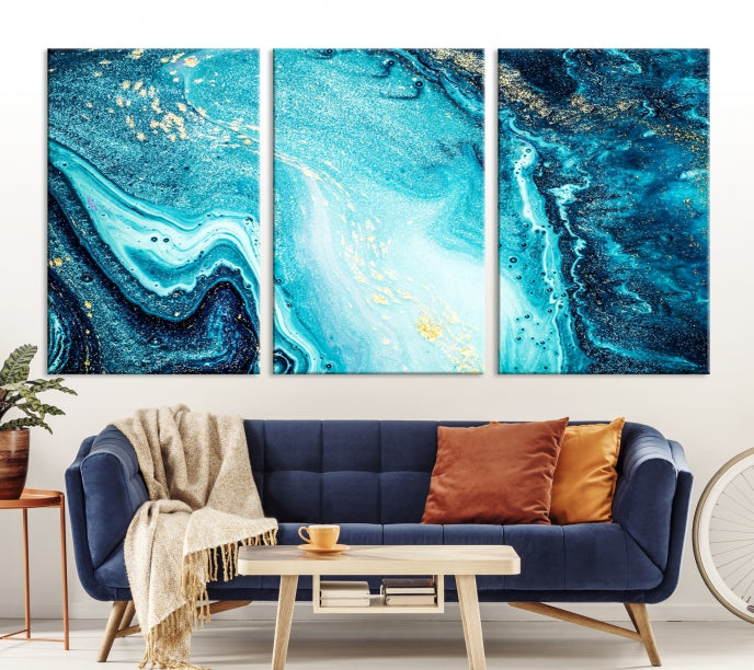 Neon Blue and Gold Marble Modern Abstract Canvas Wall Art Print