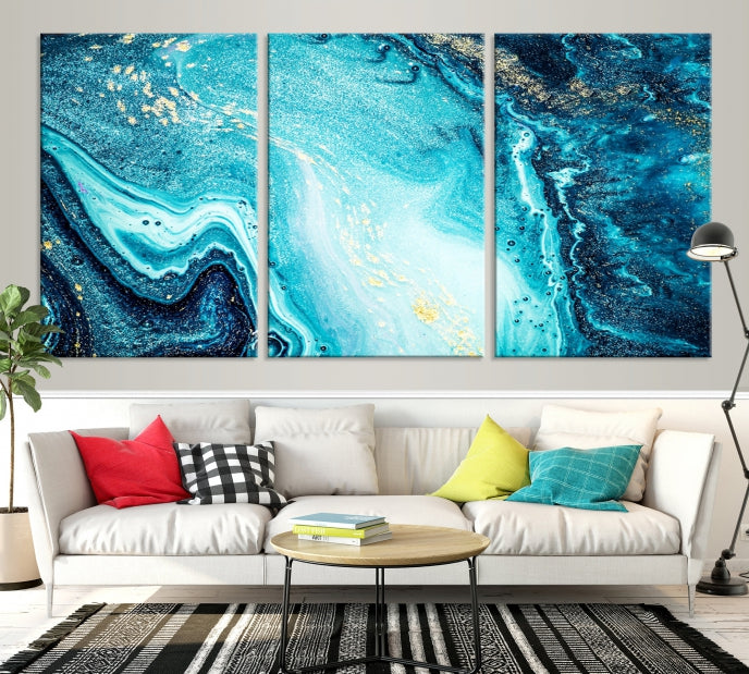 Neon Blue and Gold Marble Modern Abstract Canvas Wall Art Print