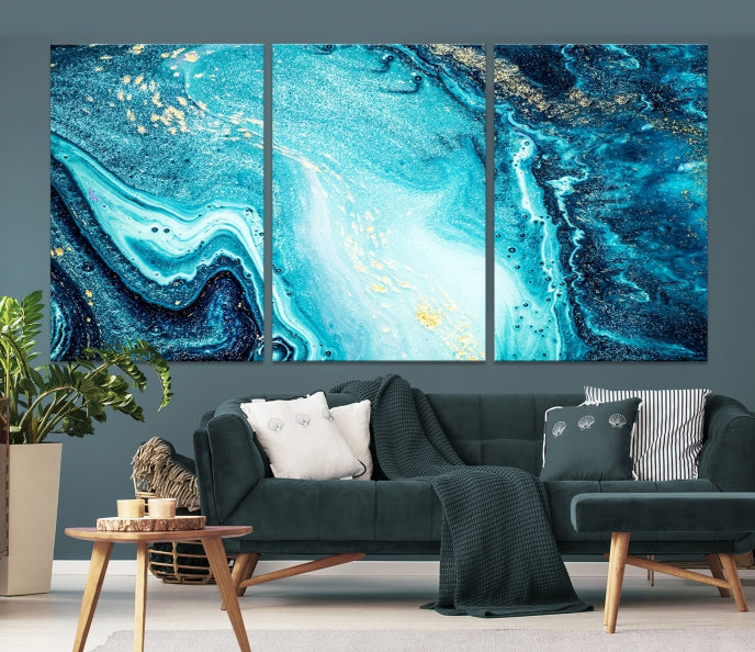 Neon Blue and Gold Marble Modern Abstract Canvas Wall Art Print