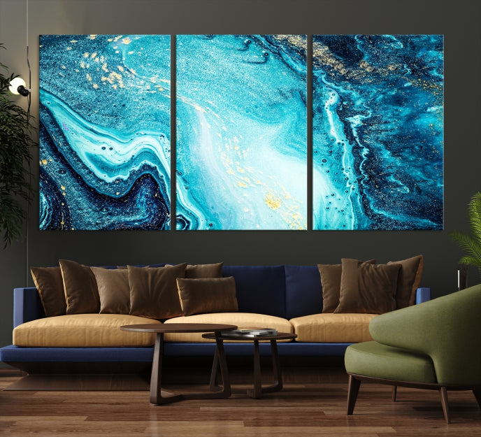 Neon Blue and Gold Marble Modern Abstract Canvas Wall Art Print