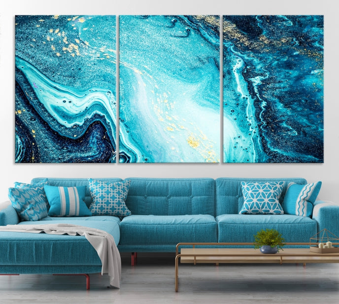 Neon Blue and Gold Marble Modern Abstract Canvas Wall Art Print