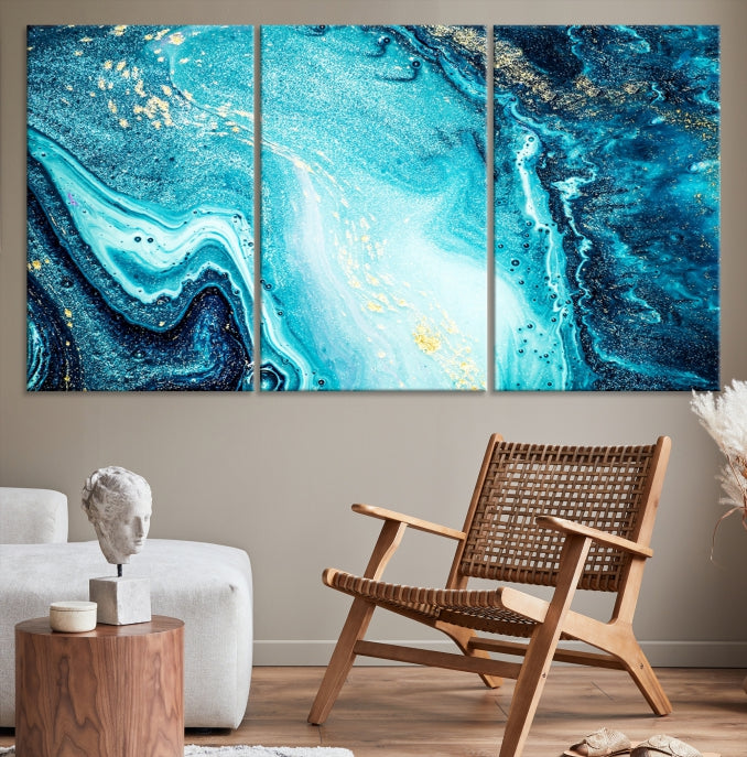 Neon Blue and Gold Marble Modern Abstract Canvas Wall Art Print