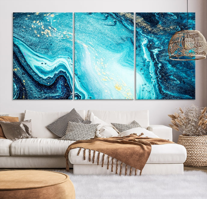 Neon Blue and Gold Marble Modern Abstract Canvas Wall Art Print