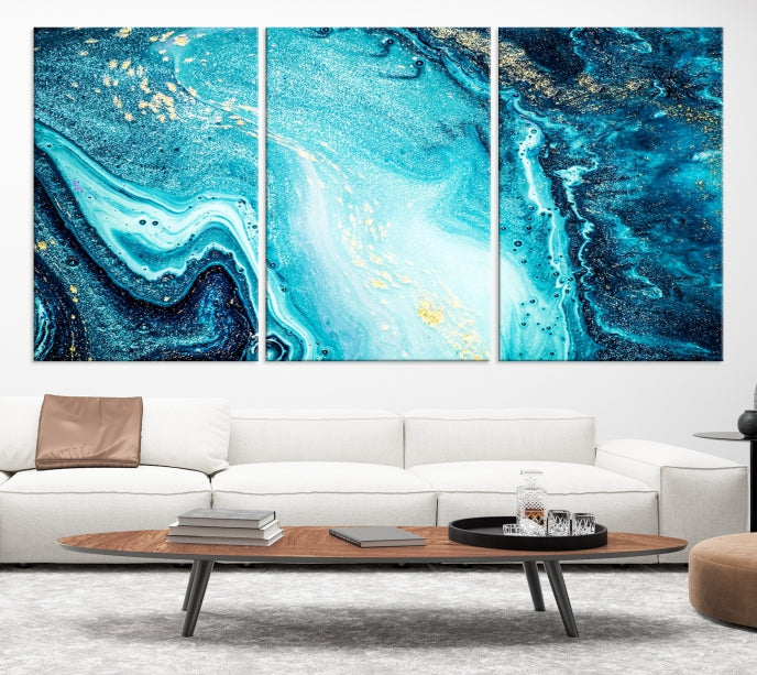 Neon Blue and Gold Marble Modern Abstract Canvas Wall Art Print