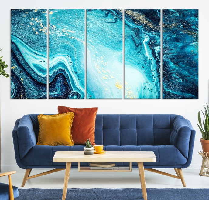 Neon Blue and Gold Marble Modern Abstract Canvas Wall Art Print