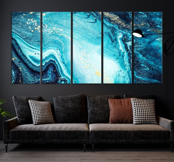 Neon Blue and Gold Marble Modern Abstract Canvas Wall Art Print