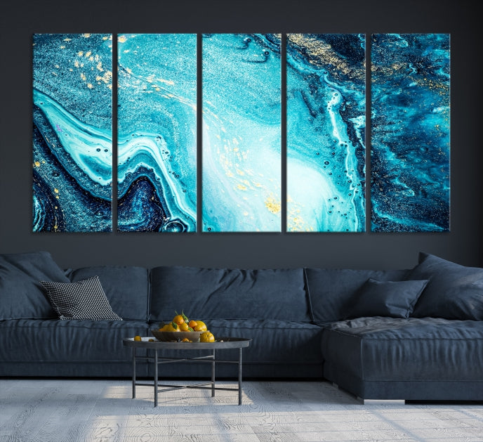 Neon Blue and Gold Marble Modern Abstract Canvas Wall Art Print